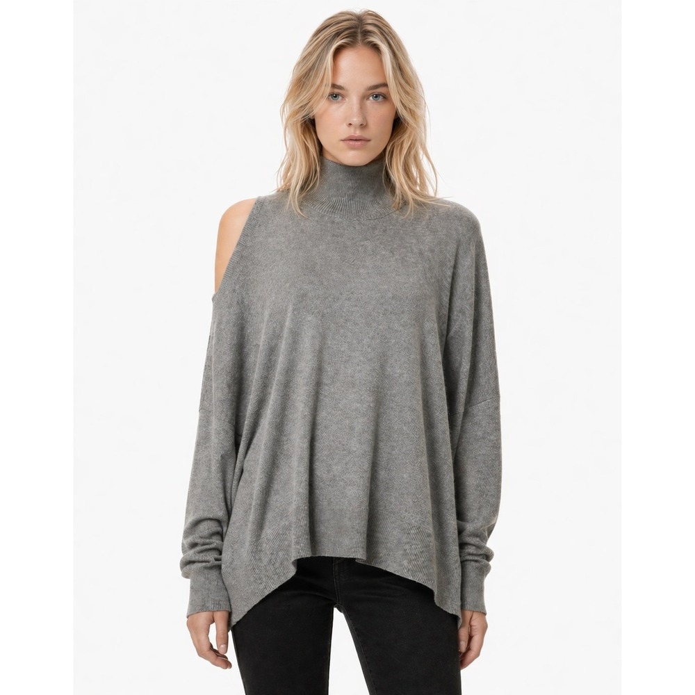 AllSaints Cecily Cold Shoulder Turtleneck Sweater Gray Asymmetrical L